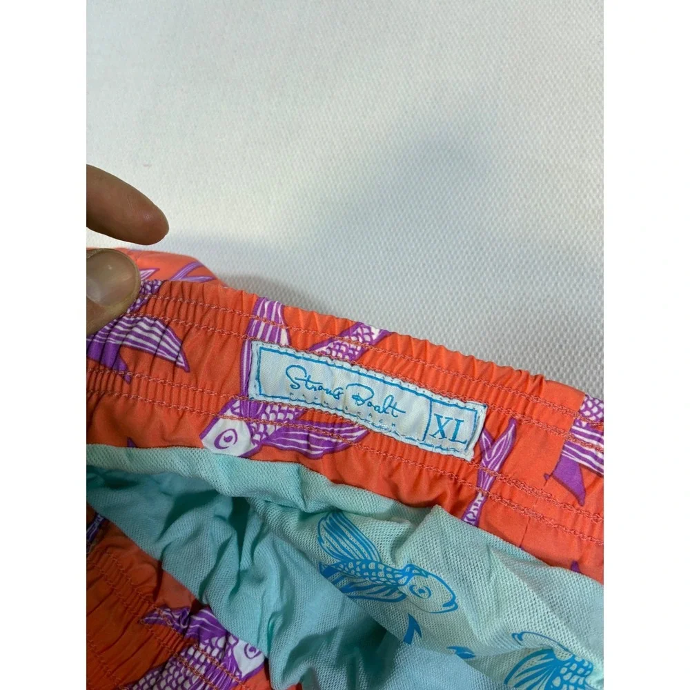 Strong Boalt Mens XL Swim Trunks Orange Purple Flying Fish Print Mesh Lined 6in‎